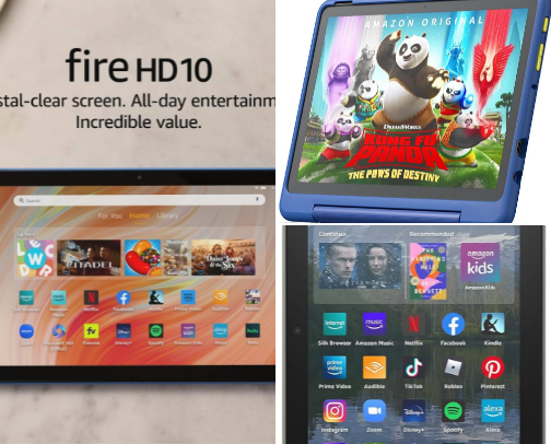 Fire HD 8 and 10 tablets, best tablet for entertainment, HD display tablet, lightweight tablet with long battery life. cover photo collage