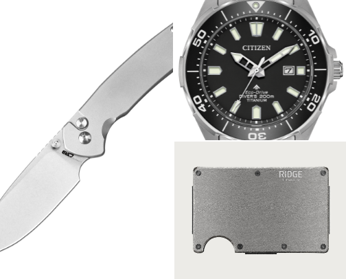 All-Titanium Carry: Knife, Watch, Wallet, Pen, Gadget cover photo collage