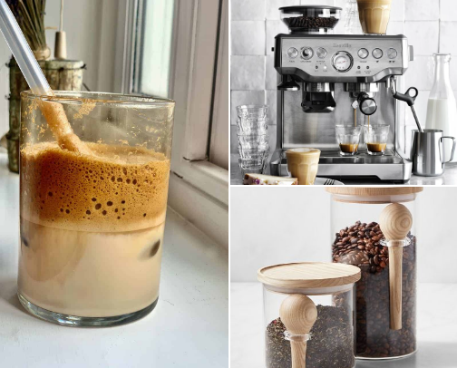 Coffee maker and accessories cover photo collage