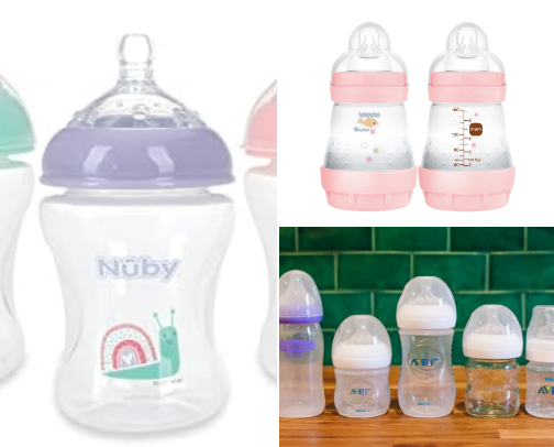 Baby bottles and feeding items cover photo collage