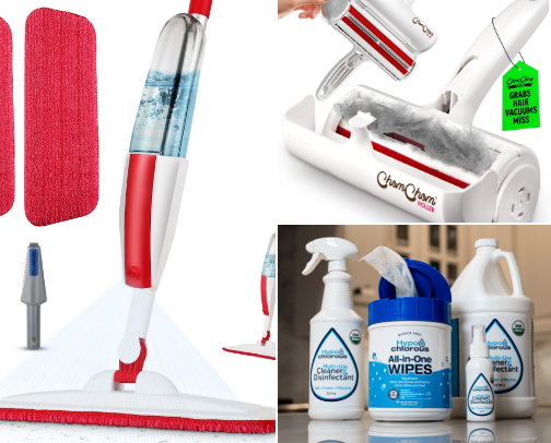 Cleaners that don’t set off your CM detectors and cleaning tools I love. cover photo collage