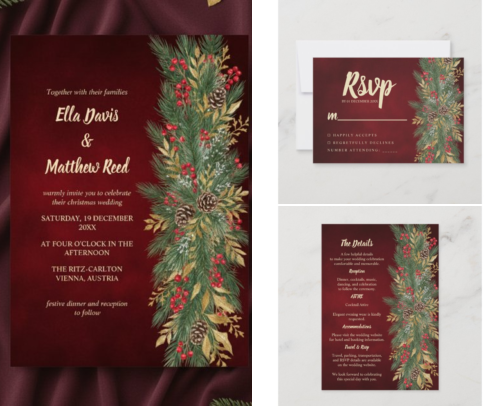 Red Velvet Christmas Botanical Winter Wedding Stationery cover photo collage