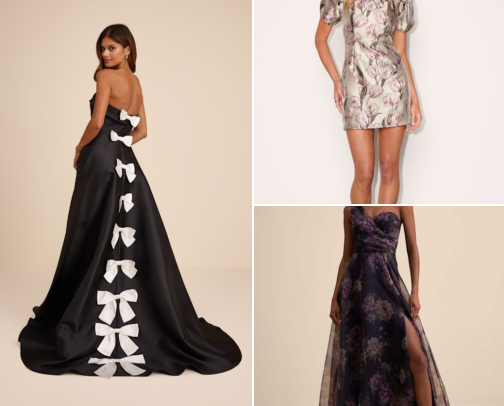 Statement Wedding Guest Dresses: Bows, Puff Sleeves & Satin cover photo collage