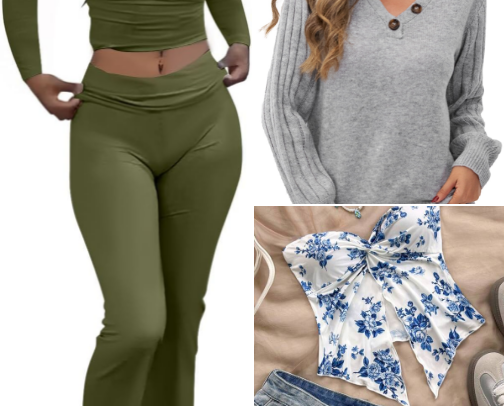 T-shirt AYWA Women's 2 Piece Outfits Foldover Flare Pants Long Sleeve Crew Neck T-shirt Fitted Pajama Sets. cover photo collage