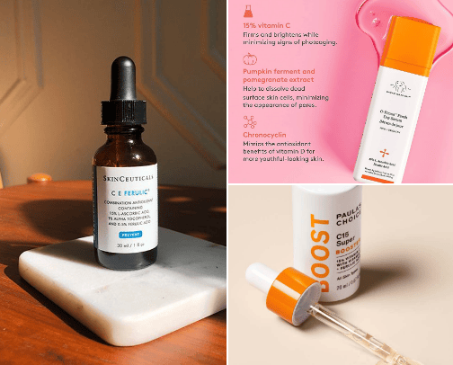 Vitamine C serums for different skin types cover photo collage