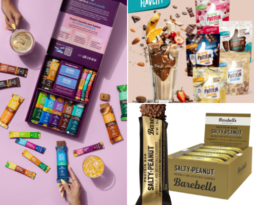 High Protein Bars & Snacks, Collagen Powder, Probiotic Drinks and Daily Vitamins. cover photo collage