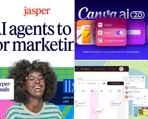 Top 5 AI Tools to Help Grow Your Business Social Media (2026) cover photo collage