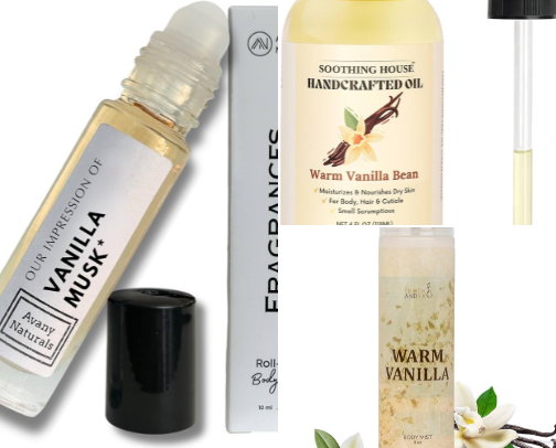 Vanilla skin oil and perfume cover photo collage