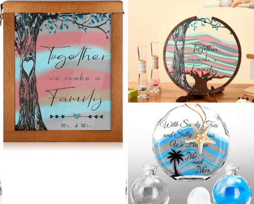 Unity Sand Ceremony Sets: The Trending Wedding Ritual Couples Love! These sets emphasize personalization and lasting keepsakes, this list features custom-engraved wooden frames, shadow boxes for blended families, and interactive hourglasses cover photo collage