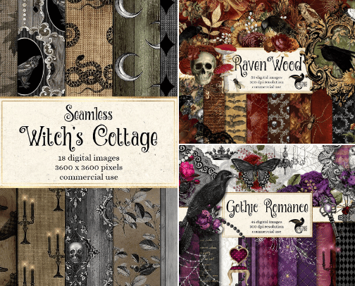 Dark goth witchy clipart and digital paper cover photo collage