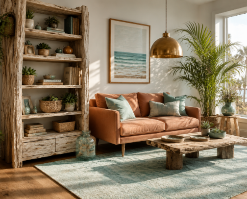 10 DIY Coastal Boho Zen Upgrades: Renter‑Friendly Reclaimed Driftwood Lighting, Seafoam Linen Rugs & Built‑in Brass Accents for a Fresh, Cozy Apartment cover photo collage