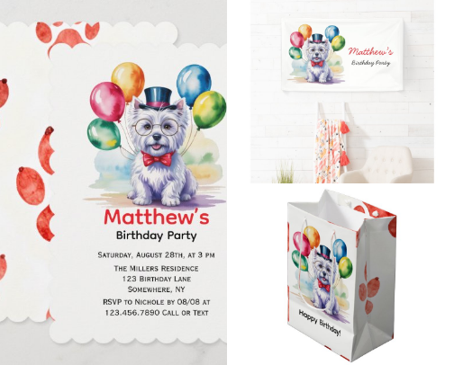 Watercolor Westie Dog Kids Birthday Party cover photo collage