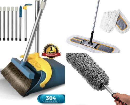 Cleaning tools that should be in your home. moving and sweating will make you healthy, doing cleaning activities every day cover photo collage
