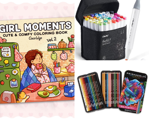 🎀 Cozy Little Coloring Corner: Books + Aesthetic Art Supplies cover photo collage