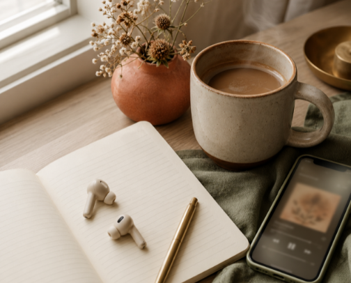 Podcasts for slower mornings and clearer thoughts cover photo collage