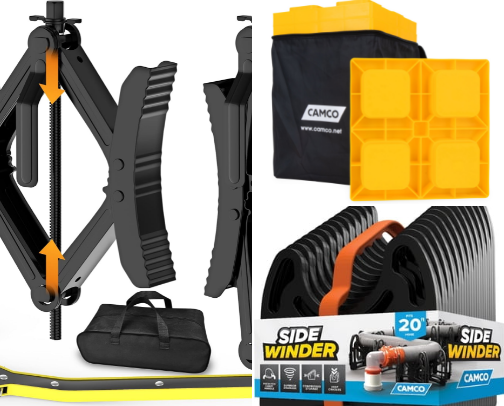 Essential camping equipment for tent or RV cover photo collage