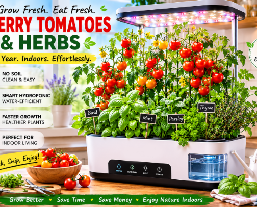 Indoor Hydroponic Gardening 🌿 Grow Cherry Tomatoes & Fresh Herbs Year-Round (No Soil Needed) cover photo collage