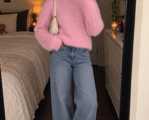 Pink Sweater 🎀 & Wide-Leg Jeans Outfit Cozy Casual Fall Fashion cover photo collage