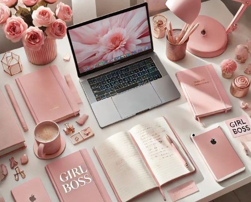 Pink Girly UGC Creator Office Setup (Aesthetic Desk Essentials for Content Creators) cover photo collage