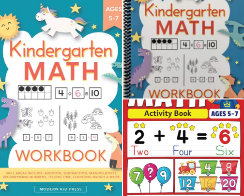 Free PDF - Kindergarten Math Workbook: Kindergarten and 1st Grade Workbook Age 5-7 | Homeschool Kindergarteners | Addition and Subtraction Activities + Worksheets for kids cover photo collage