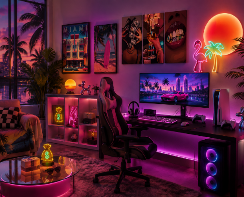 🌴 GTA VI Inspired Gaming Room | Vice City Miami Decor & Setup cover photo collage