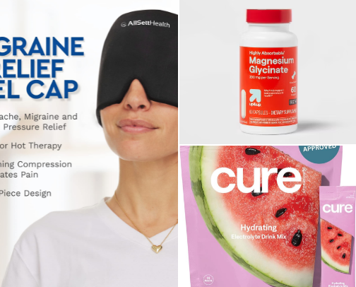 Products I use to help manage my chronic migraines 💗 cover photo collage