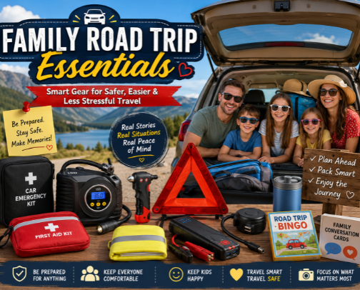 🚗 Family Road Trip Essentials: Smart Gear for Safer, Easier & Less Stressful Travel. cover photo collage