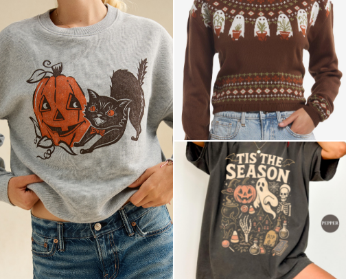 Must-Have Halloween Tops for Women: T-Shirts, Sweatshirts & Sweaters cover photo collage