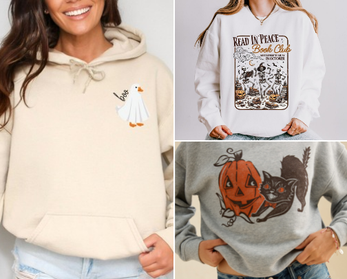 Must-Have Halloween Tops for Women: T-Shirts, Sweatshirts & Sweaters cover photo collage