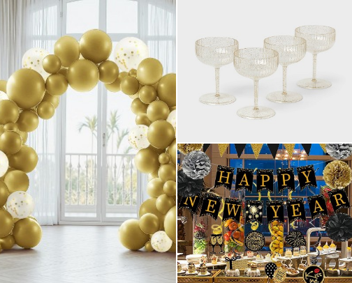 New Years Eve Party Necessities and Chic/Elevated Decorations cover photo collage