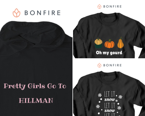 T-shirts and sweatshirts you’ll find in my Bonfire shop cover photo collage