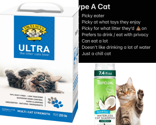 Things I buy for my “type A” cat cover photo collage