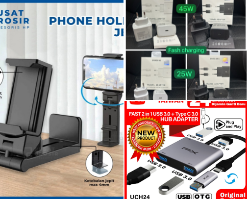 Pilihan aksesoris HP terbaik dengan harga terjangkau untuk melengkapi kebutuhan gadget harianmu. Mulai dari charger cepat, kabel tahan lama, dudukan meja, hingga audio harian yang siap dipakai kapan saja. cover photo collage