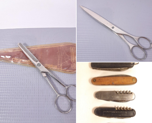 Pocket knife, multitool. letter opener, scissors cover photo collage
