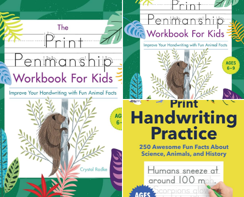 Free PDF - The Print Penmanship Workbook for Kids: Improve Your Handwriting with Fun Animal Facts companion picks cover photo collage