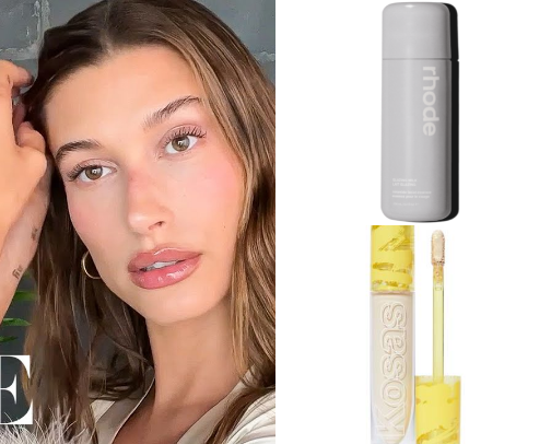Hailey Bieber glass-skin makeup routine cover photo collage