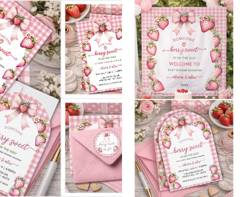 Cute Bow plaid Berry Sweet baby shower cover photo collage