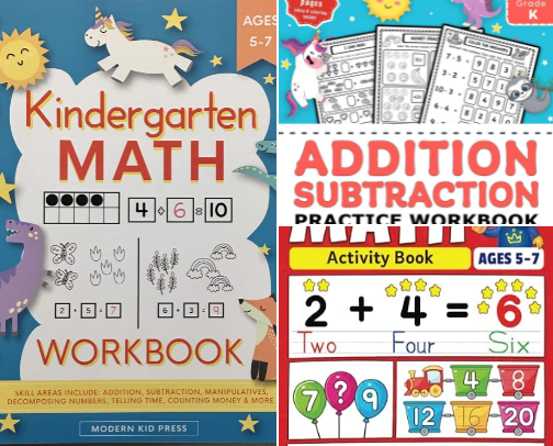 Free PDF - Kindergarten Math Workbook: Kindergarten and 1st Grade Workbook Age 5-7 | Homeschool Kindergarteners | Addition and Subtraction Activities + Worksheets for kids cover photo collage