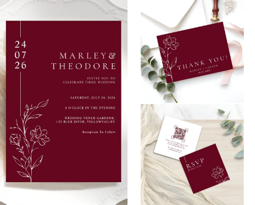 Elegant Hand Drawn Floral Burgundy Modern Wedding Invitations & Decor cover photo collage