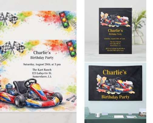 Watercolor Go Kart Boy Birthday Party cover photo collage