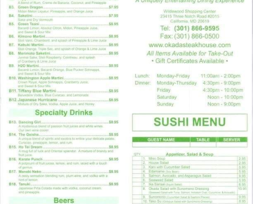 Okada menu cover photo collage