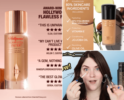 Makeup products for perfect glowy skin cover photo collage