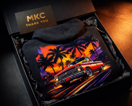 Retro Sunset Truck Hoodie Back Print, Palm Trees Vaporwave Classic Car Streetwear cover photo collage