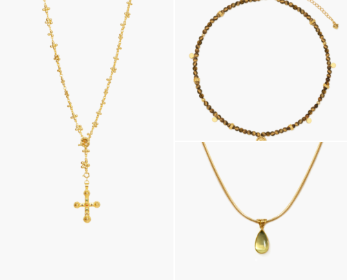 Gold-plated charm jewelry: stone pendants, flower and clover bracelets, bow earrings cover photo collage