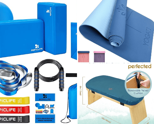 Engage in the practice of yoga with a selection of yoga essentials cover photo collage