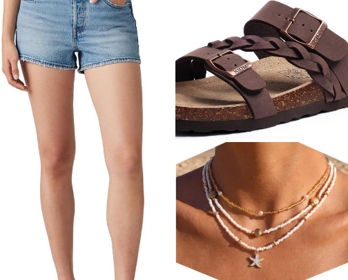 Casual Summer Outfit with Denim Shorts, Brown Sandals & Gold Jewelry cover photo collage