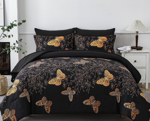 King)Yogeneg 7 Piece Bed in a Bag King Size Comforter Set Black Bedding Set,Gold Butterfly Leaves Printed on Black Reversible Design,Soft Microfiber cover photo collage