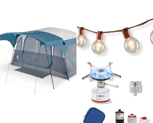 camping equipment cover photo collage