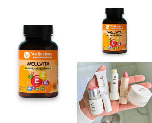 Well+Vita , the best for your health ✨ and 
Ilia Beauty brand that combines skincare and makeup to create formulas that not only enhance your complexion but are also benefitable for your skin cover photo collage