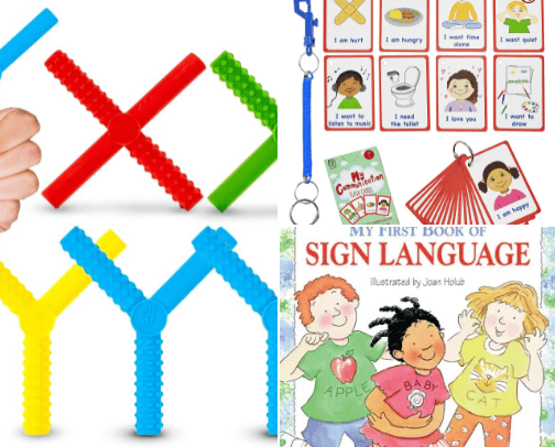 Sensory toy,books and communication cards for special needs children cover photo collage
